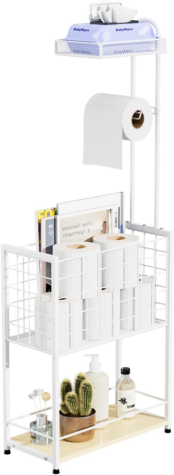SWTYMIKI Freestanding Toilet Paper Holder - 4-Tier Free Standing Toilet Paper Holder Stand with Shelf, Bathroom Storage Rack for Extra Rolls, Magazines, Wet Wipes, Bathroom Essentials, White