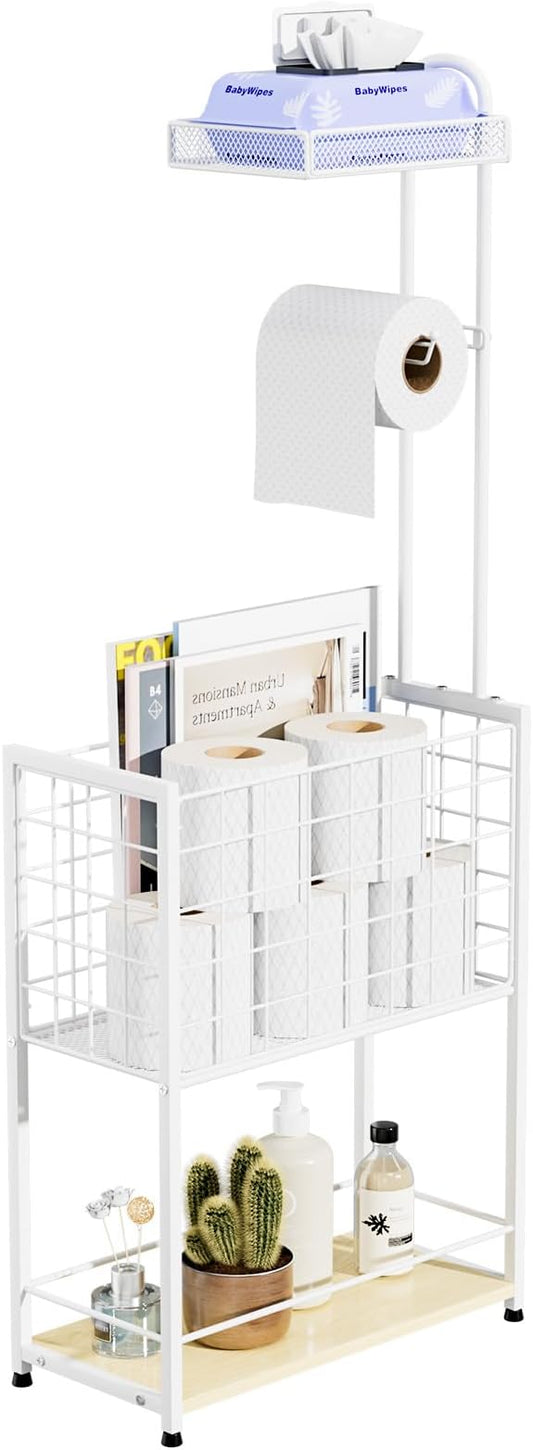 SWTYMIKI Freestanding Toilet Paper Holder - 4-Tier Free Standing Toilet Paper Holder Stand with Shelf, Bathroom Storage Rack for Extra Rolls, Magazines, Wet Wipes, Bathroom Essentials, White