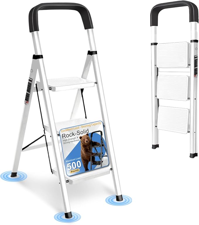 3 Step Ladder Folding Step Stool with Handrail | 500LBS Capacity Sturdy Carbon Steel Frame Anti-Slip Pedal & Feet Portable for Home Kitchen Garage Bathroom (white-3step)
