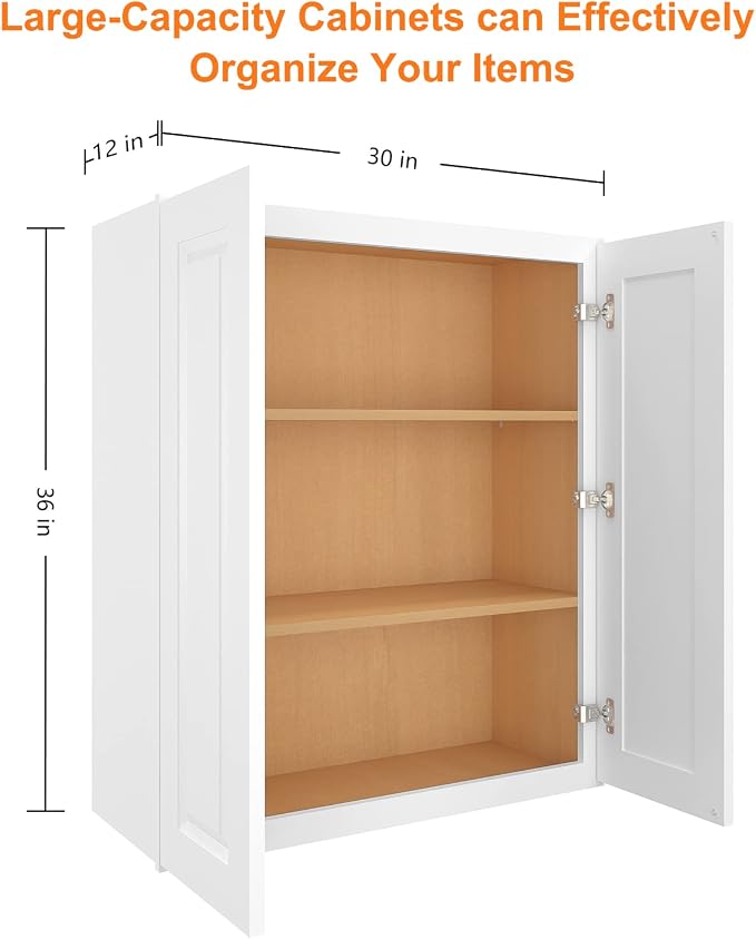ROOMTEC Wood Wall-Mounted Cabinet,Bathroom Medicine Cabinet with Adjustable Shelves and 2 Soft-Close Doors,Laundry Storage Cabinet for Bathroom,Kitchen,Living Room 12" D*30" W*36" H,Traditional White