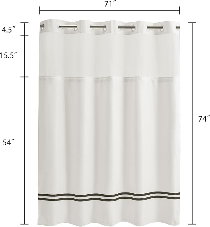 River Dream Shower Curtain with Snap in Liner,No Hooks Needed Shower Curtain for Bathroom,Hotel Grade,Machine Washable,71" Wx74 H, White and Black Stripe and Magnets