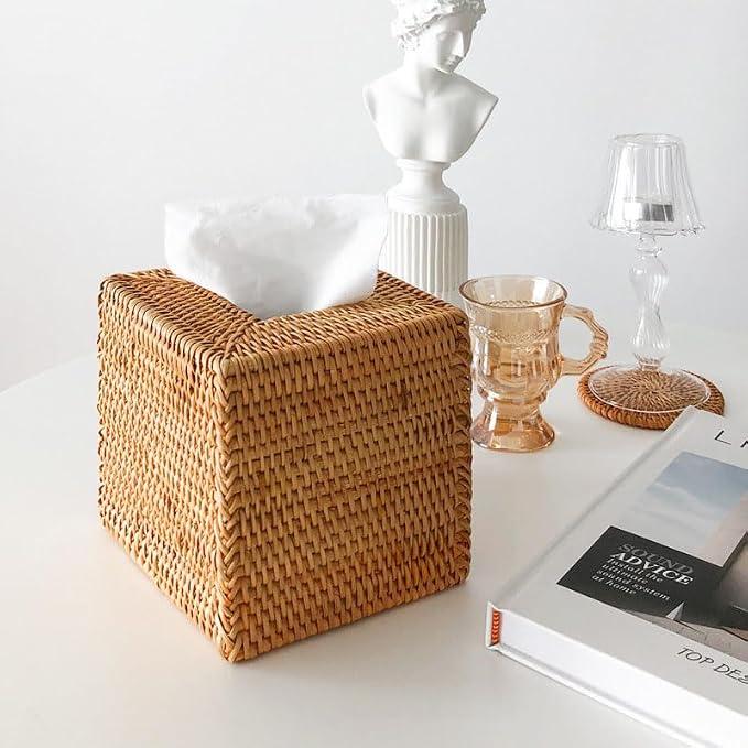 2 Pack Rattan Tissue Box Cover Square, Wicker Tissue Box Holder, Decorative Woven Facial Tissue Holder for Bathroom, Kitchen, Living Room, Bedroom (5.5 x 5.5 x 5.7 inch, Natural)