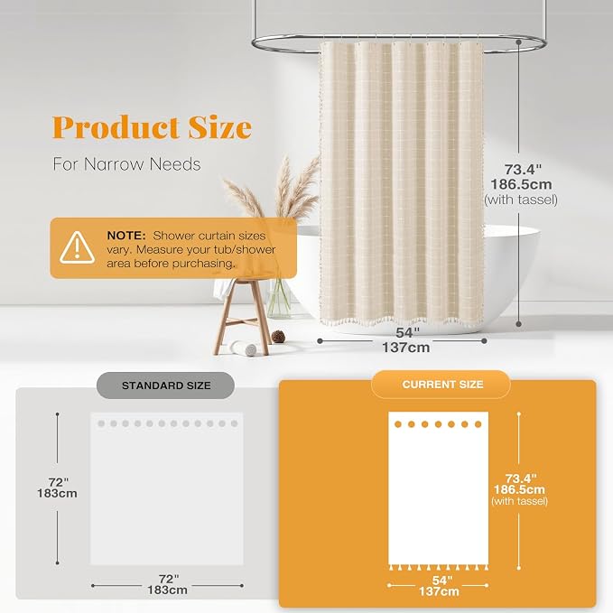 54x72 Boho Farmhouse Linen Heavy Duty Shower Curtain Set, Cream/Beige | Small Size, 330GSM Linen Blend, 3-side Tassels, Water Repellent Fabric, 10 Plastic Hooks, Rustic Bohemian, Machine Washable