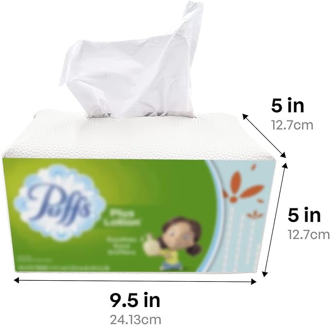 Tissue Box Cover, [Refined] Modern PU Leather Rectangular Tissue Box Holder - Decorative Holder/Organizer for Bathroom Vanity Countertop, Night Stands, Office Desk 9.5"X5"X5" - White
