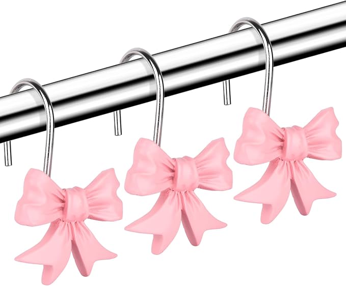 12 pcs Bow Knot Shower Curtain Hooks,Home Decorative Shower Curtain Rings | Anti Rust Hooks for Bathroom,Resin Shower Curtain Hangers Bathroom Accessories (Pink)