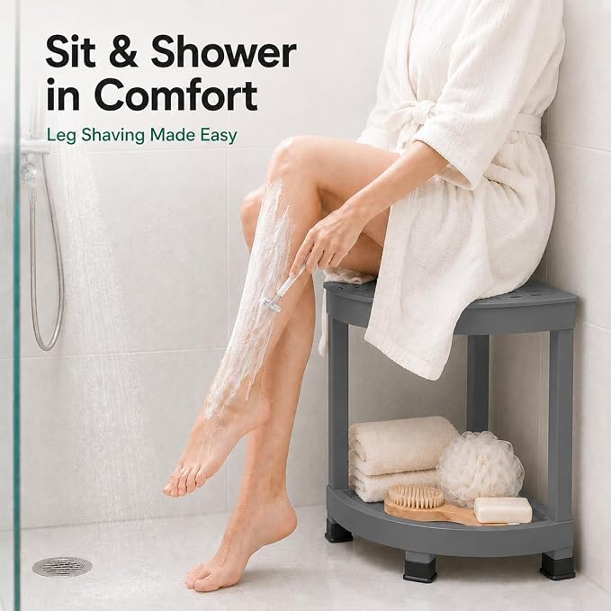 CROWNFURN Shower Foot Rest, HIPS Waterproof Shower Stool for Inside Shower, Corner Shower Bench for Shaving Legs with Baffle Storage Shelf for Small Space, Rapid Assembly DIY Combination Shelf (Grey)