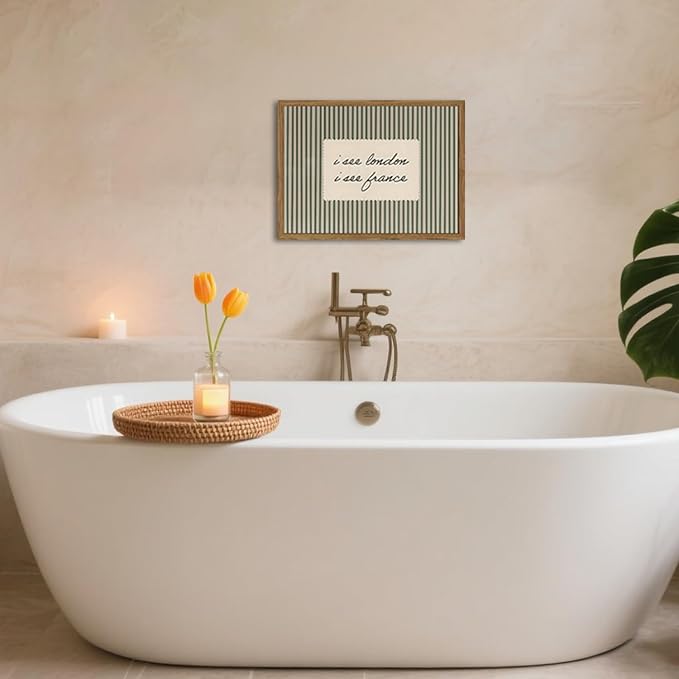 I See London I See France Wall Art Funny Bathroom Quote Sign Wall Decor Picture Vintage Green Striped Restroom Poster Canvas Painting Print for Bathroom Toilet 12x16 inch Wood Framed
