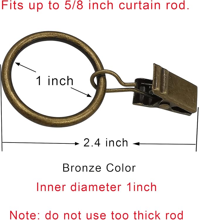 LLPJS 44 Pack Curtain Rings with Clips, Curtain Clip Rings Hooks, Bow Hanger Clips for Hanging Drapery Drapes Bows, Ring 1 inch Interior Diameter, Fits up to 5/8" Rod, Bronze