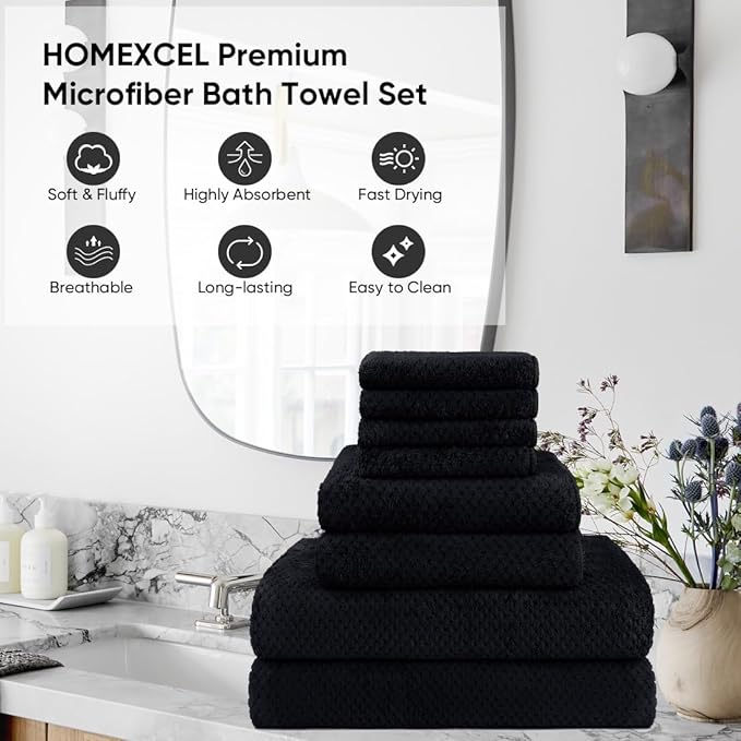 HOMEXCEL 8PK Bath Towel Set, Soft Absorbent, 2 Bath, 2 Hand, 4 Wash, Black | Light Weight, Quick Drying Towel Set for Bathroom, Gym, Hotel, SPA, Sport, Yoga, Fitness