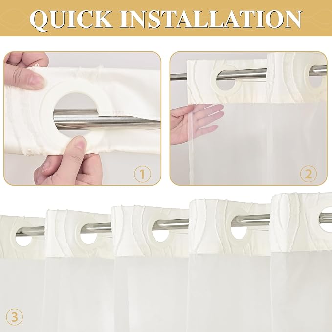 Yinhua No Hook Shower Curtain with Snap in Liner Set, 71" W×86" L, Beige | Hotel Style, See Through Top Window, Washable Waterproof, Tufted, Extra Long Hookless Curtain for Bathroom Bathtub