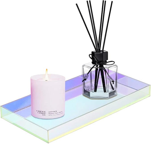 ROYALITA Acrylic Tray for Countertop, Guest Towel Holder Tray for Bathroom | Vanity Trays for Napkin Perfume Jewelry Makeup, Bathroom Tray for Soap Dispenser, Aromatherapy, Cup & Candle, Iridescent