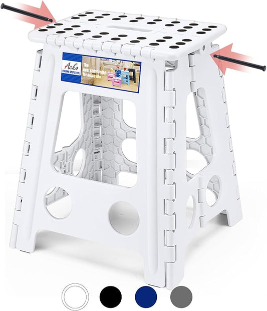 ACKO Folding Step Stool 16 Inch, 400 lbs Capacity with Safety Lock, White | Portable Foldable Stools with Handle, Heavy Duty Collapsible Non-Slip Foot Stool for Adults & Kids, Kitchen Bathroom Outdoor