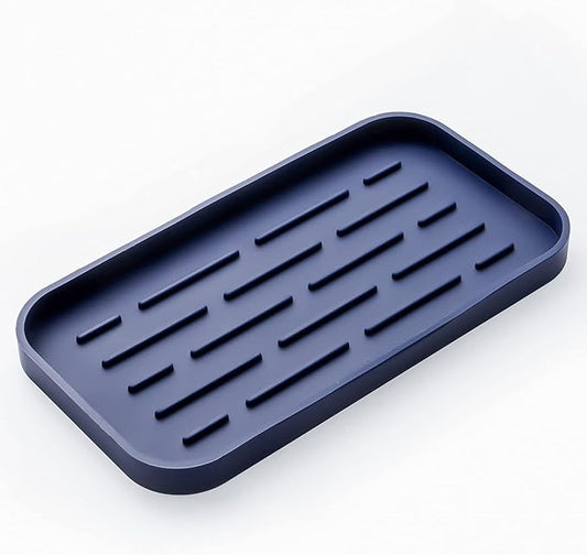 MicoYang Silicone Kitchen Sink Organizer Tray for Multiple Usage,Eco-Friendly Sponges Holder for Kitchen Bathroom Counter or Sink,Dish Soap Dispenser,Scrubber,Bottle,Cup (Navy Blue, 10"×5.3")