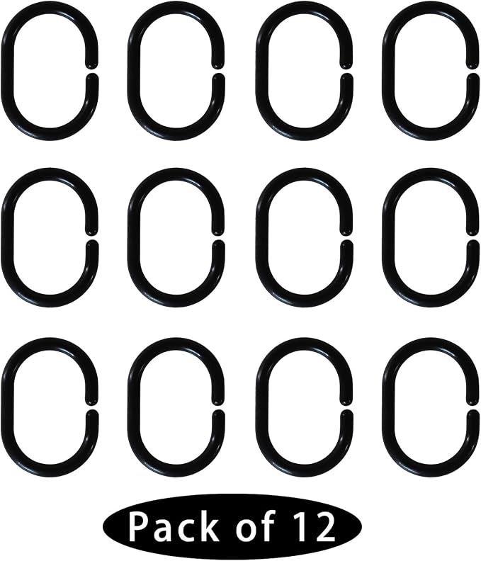 Plastic Shower Curtain Hooks C Shape Shower Curtain Rings for Bathroom Shower Rod Window Curtains Hanger (Black, 12pack)