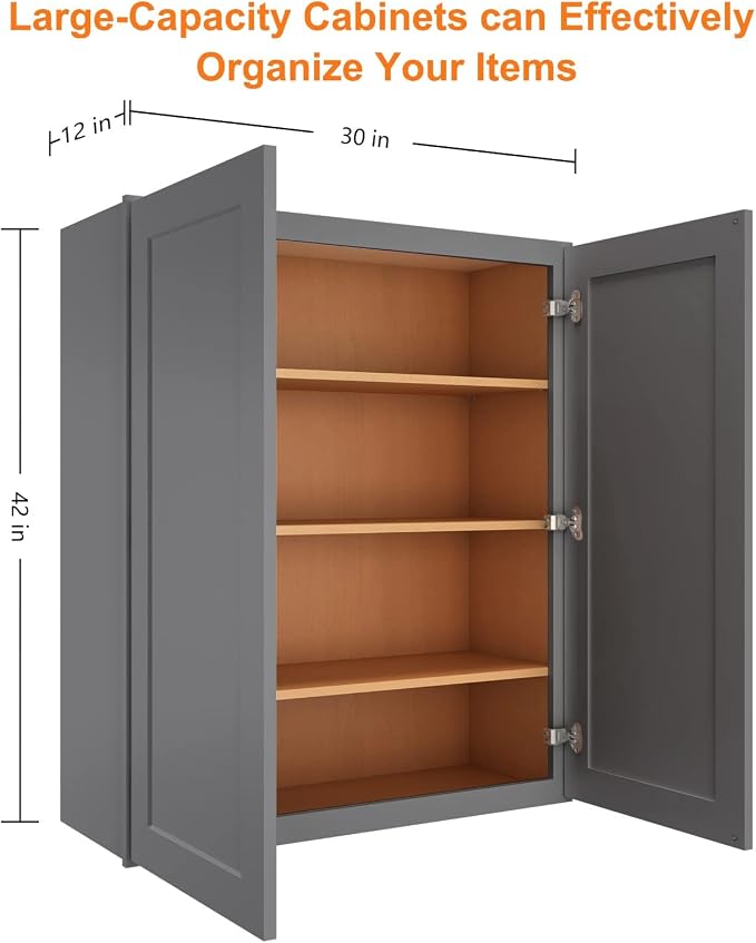 ROOMTEC Wood Wall-Mounted Cabinet,Bathroom Medicine Cabinet with Adjustable Shelves and 2 Soft-Close Doors,Laundry Storage Cabinet for Bathroom,Kitchen,Living Room 12" D*30" W*42" H,Shaker Grey