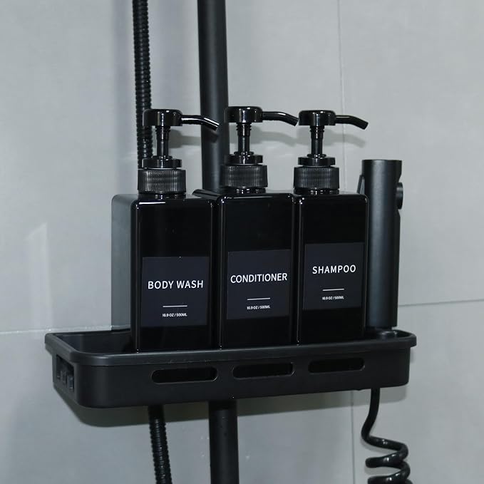 Shampoo and Conditioner Dispenser, Refillable Plastic Shampoo Pump Bottles with Waterproof Labels, Empty Body Wash Dispenser Set for Bathroom, Shower Soap Bottles (Black, Set of 3, 16.9oz)
