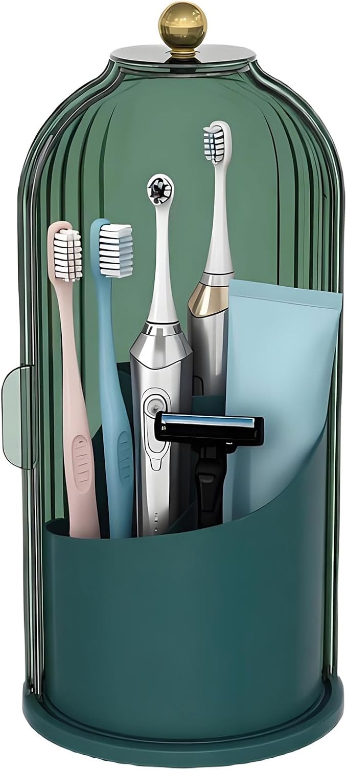 JEESA Dustproof Toothbrush Holder with Cover, All Green | 360° Rotating, 180° Sliding Lid, 3 Slots, Toothbrush Organizer, for Bathroom Countertop