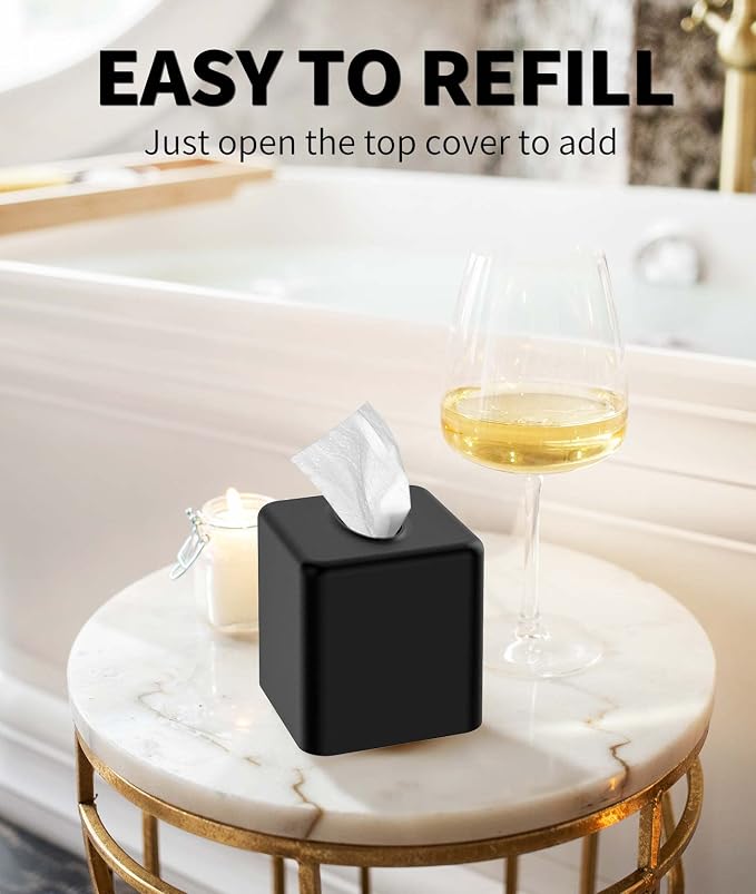Livelab Tissue Box Cover, Square Metal Tissue Box Holder Modern Decor Facial Napkin Holder Tissue Box Dispenser for Bathroom Vanity Countertop, Living Room, Bedroom, Office - Black