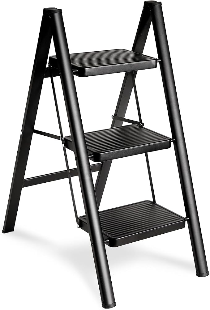 Double Elite Folding 3 Step Ladder, Sturdy 330 Lbs Load Small Step Stool for Adults, Safer Full Steel Multi-use Kitchen Ladder for Home, Closet Step Stool Ladder with Wide Pedals, Black, 3-Step