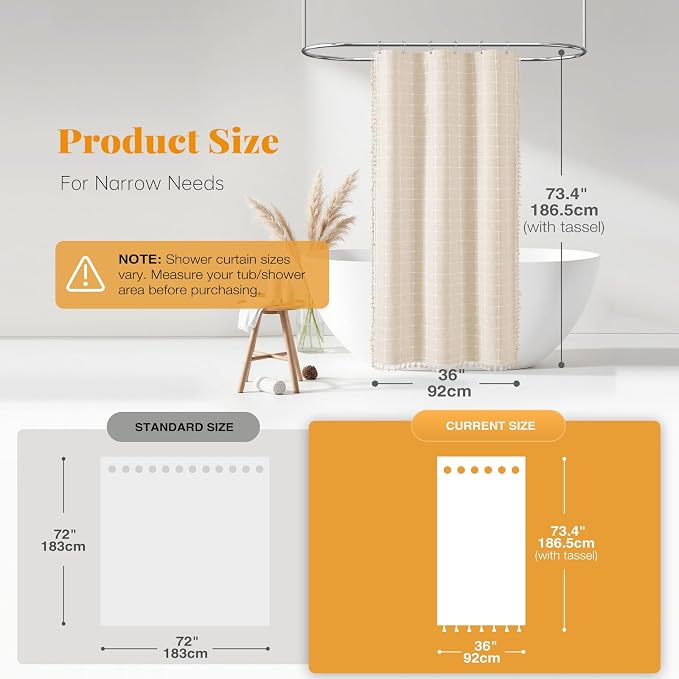 Stall Boho Farmhouse Linen Fabric Shower Curtain, 36x72, Cream/Beige | Half Size, 330GSM Linen Blend, 3-side Tassels, Water Repellent Cloth, 6 Plastic Hooks, Rustic Bohemian, Machine Washable