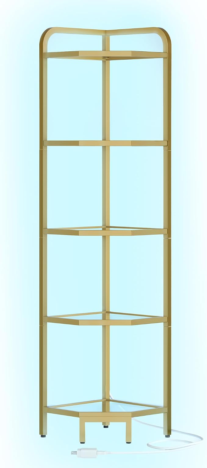 Hzuaneri Corner Shelf with LED Lighting, 5-Tier Glass Bookshelf | Steel Frame, Tempered Glass, Modern Style Corner Shelf, Suitable for Living Rooms, Bedrooms and Games Rooms CS09599G