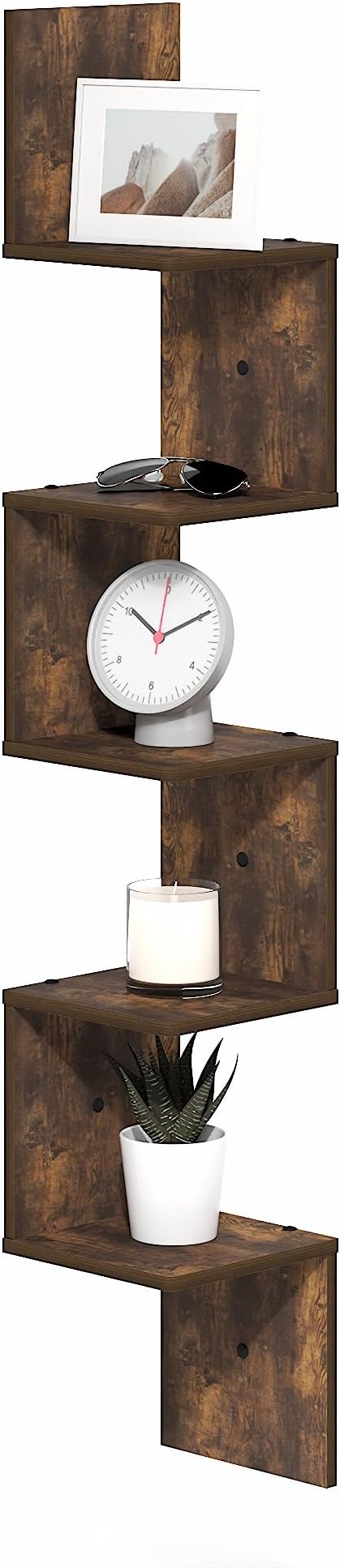 Furinno Rossi Corner Floating Shelves for Wall, 5-Tier Corner Square Wall Shelf, S-Shape Radial Floating Book Shelf, Easy Assembly, for Bathroom, Bedroom, Living Room, Amber Pine