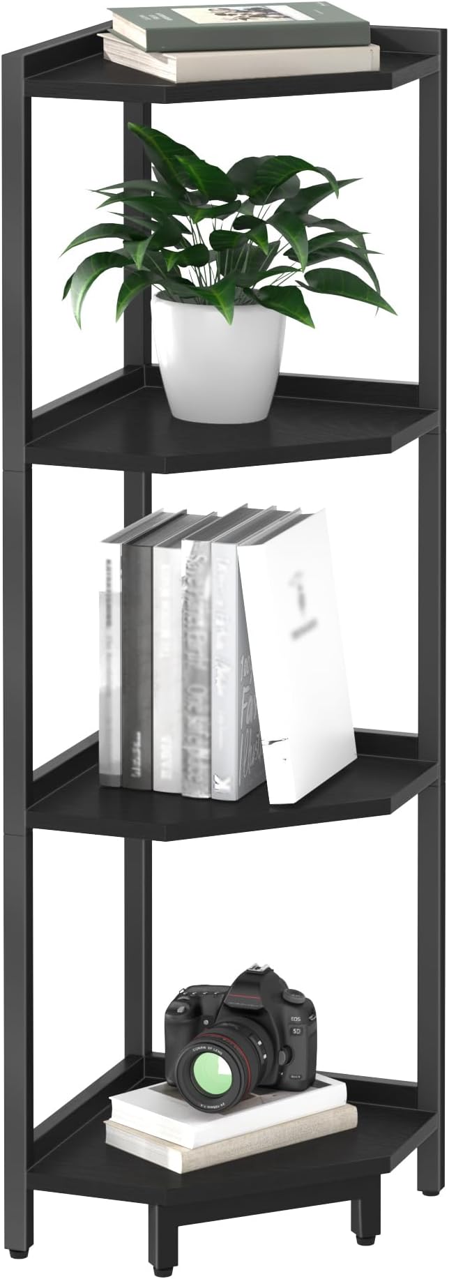 Hzuaneri Corner Shelf Stand 4-Tier Corner Bookshelf Storage Standing Shelf | Bookcase Plant Stand with Metal Frame for Living Room, Home Office, Bedroom, Black CS05806B