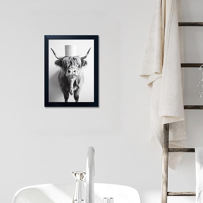 Framed Black and White Bathroom Wall Decor Highland Cow with Toilet Paper on Head Canvas Wall Art Toilet Decor Cow Pictures Wall Decor Animal Bathroom Sign Artworks for Home