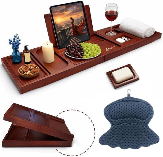 Bathtub Tray and Bath Pillows for Tub – Expandable Bamboo Bathtub Caddy with Phone & Wine Holder, Soft Bath Pillows for Tub & Head/Neck Support