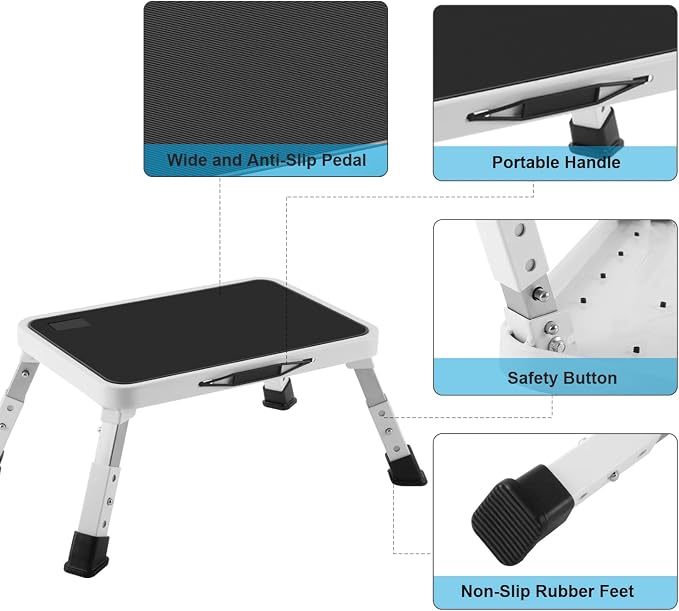 Jocauto Folding Step Stool for Adults, Height-Adjustable Small Step Stool | Step Ladder with Non-Slip Platform for Adults or Kids in Kitchen, Home, Rv, 330 Lbs Capacity, White