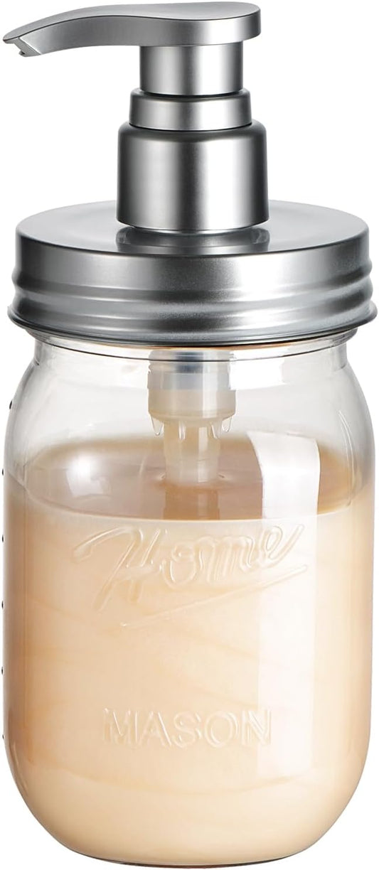 Amolliar Plastic Mason Jar Soap Dispenser with Pump Lid 16OZ - Silver | Refillable BPA-Free Hand Soap Dispenser Set with Cute Lables, Farmhouse Decor for Kitchen Bathroom Liquid Dish Soap Lotion