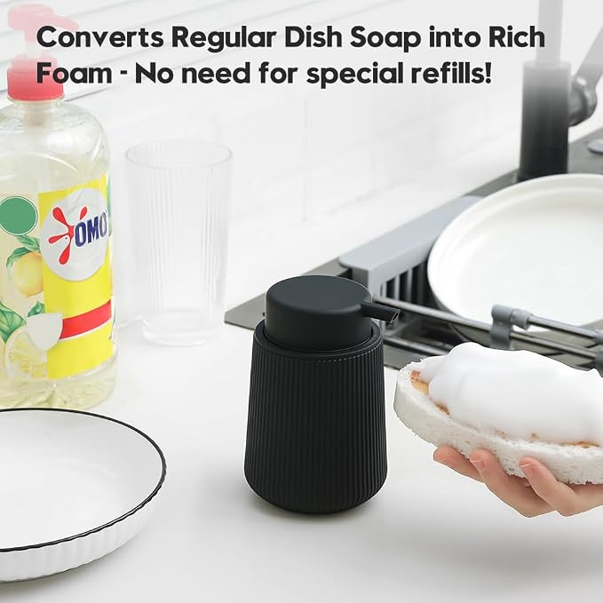 YAUKPH Striped Foaming Hand Soap Dispenser Black | with Leak-Proof Pump for Bathroom and Kitchen Countertop 11oz