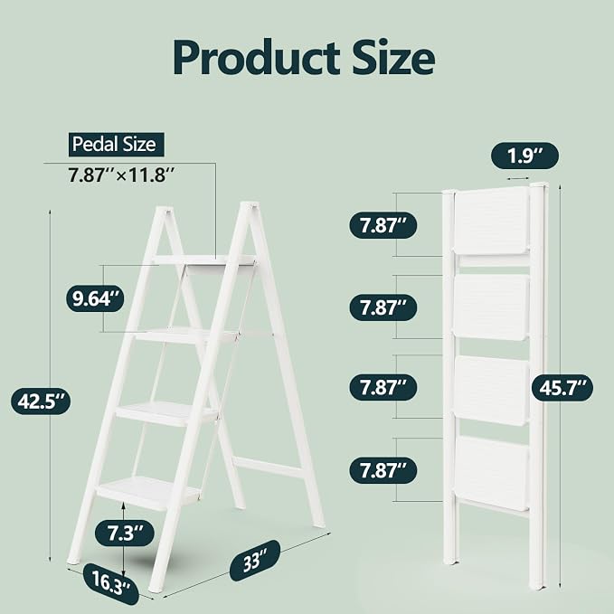 4 Step Foldable Step Stool, 330lbs Load, White | Folded 46'' H x 2'' T; Net 12.5 lbs; Anti-Slip Feet Grip Wood, Tile, Carpet; Wide Pedals; For Shelves, Repairs.