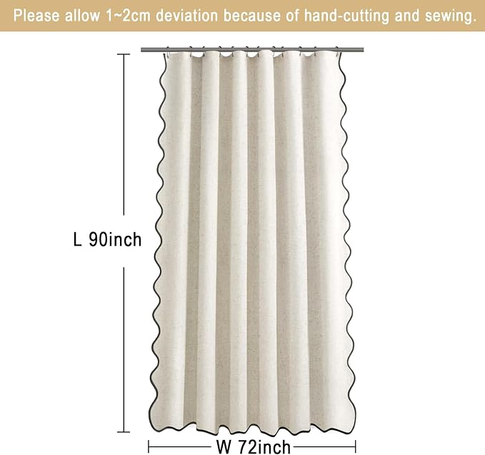 Scalloped Shower Curtain Linen Boho Flax Cream 72" W x 90" L | Linen Fabric, Black Border, Washable, Heavy Duty Cloth, Shower Curtain for Boho Farmhouse Bathroom Bathtub