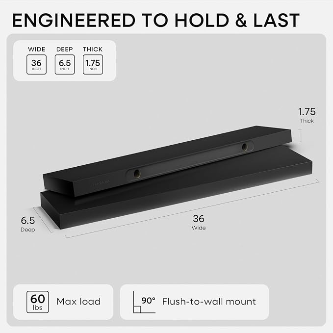 Black Floating Shelves 36 inches Long, High End Solid Real Wood 36 inch Floating Shelf for Wall Mounted, Black Wooden 36in Floating Shelves, Heavy Duty Bracket, 36 X 6.5 X 1.75 in, Set of 3