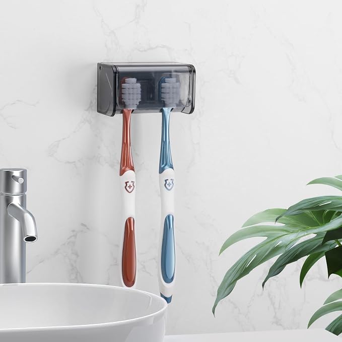 Toothbrush Holders Wall Mounted with Cover (1, Transparent Black) | Wall mounted, Detachable, Easy to clean, Breathable, 2 Slots Self Adhesive Toothbrush Organizer for Bathroom