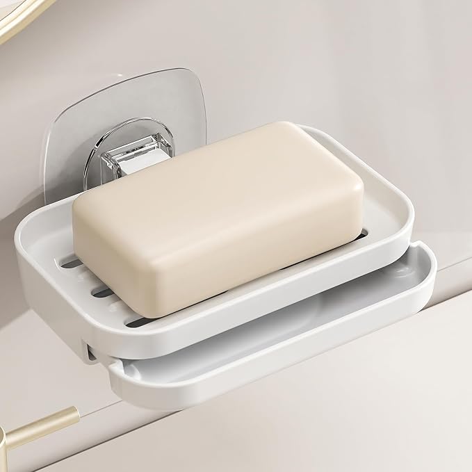 Soap Dish for Shower White Soap Holder with Strong Adhesive(1Pack) | No drilling self-draining design pull-out drip tray perfect for rv bathrooms & kitchens—keeps soap dry mess-free easy clean
