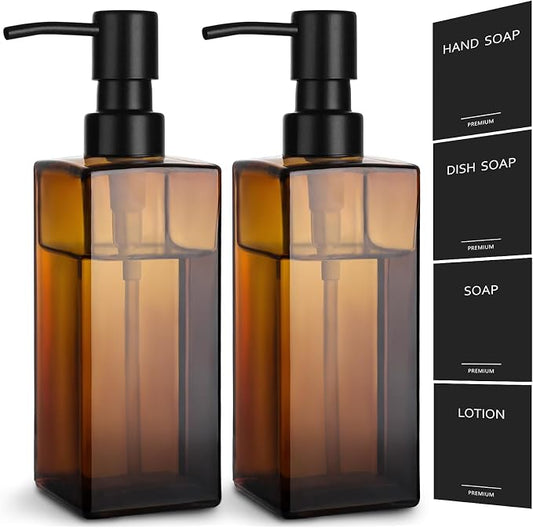 GMISUN Amber Glass Soap Dispenser, Hand Soap Dispenser with Stainless Steel Pump for Bathroom, 12 fl oz/350ml Refillable Dish Dispensers for Kitchen, Modern Liquid Lotion Bottles for Countertop