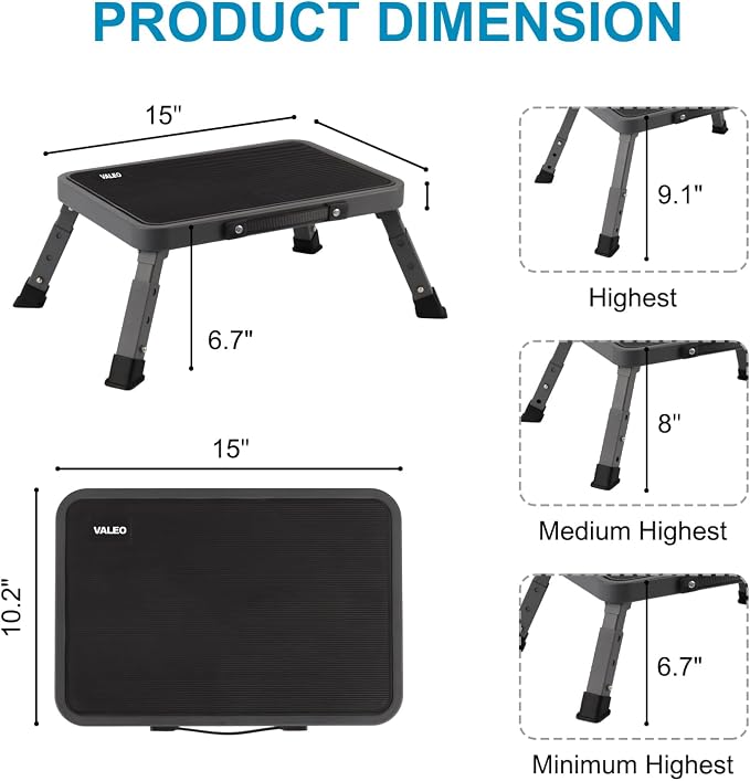 Valeo Folding Step Stool, Adjustable Step Stool with Non-Slip Platform, 330 Lbs Capacity, Step Ladder for Adults in Kitchen, Bathroom, RV, Camping, Office, Black