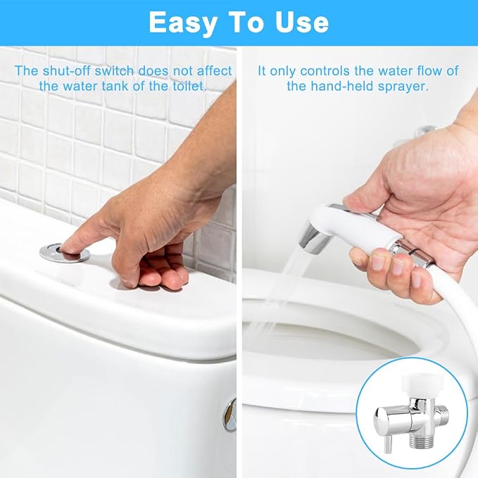 Bidet T Adapter with Shut off Valve, Metal 3 Way T Valve 7/8" x 7/8" x 1/2" or 3/8" Adapter Included, Chrome Finish Tee Connector Bidet Attachment, Leak-Free, Includes Tape