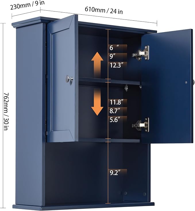 VANIRROR Bathroom Wall Cabinet Over Toilet Storage Cabinets 24x30 inch | Above Toilet Wood Medicine Cabinets with 2 Door & Adjustable Shelf for Kitchen, Laundry, Entryway,Durable MDF Construction