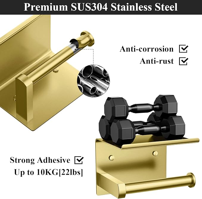 Tindbea Toilet Paper Holder with Phone Shelf, Adhesive or Screw Wall Mount Toilet Tissue Roll Holder, Rustproof & Multifunctional Stainless Steel Bathroom Storage Dispenser (Brushed Gold) | Heavy Duty Stainless Steel Brushed Gold