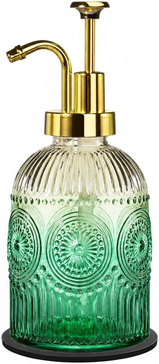 Amolliar 12 Oz Glass Soap Dispenser with Plastic Pump,Green-Gradient | Antique Rustic Hand Liquid Bottle for Bathroom/Kitchen, Vintage/Farmhouse/Boho Style, Pump Dispenser, Refillable