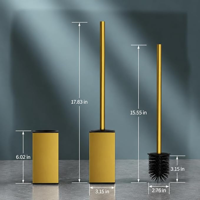 FORIOUS Toilet Brush, 2 Toilet Bowl Brush Head Square Short Gold | Heavy Duty 304 Stainless Steel Base, Silicone and Plastic Brush Heads, 360° Deep Cleaning, Drip-Proof, Splash-Proof Design