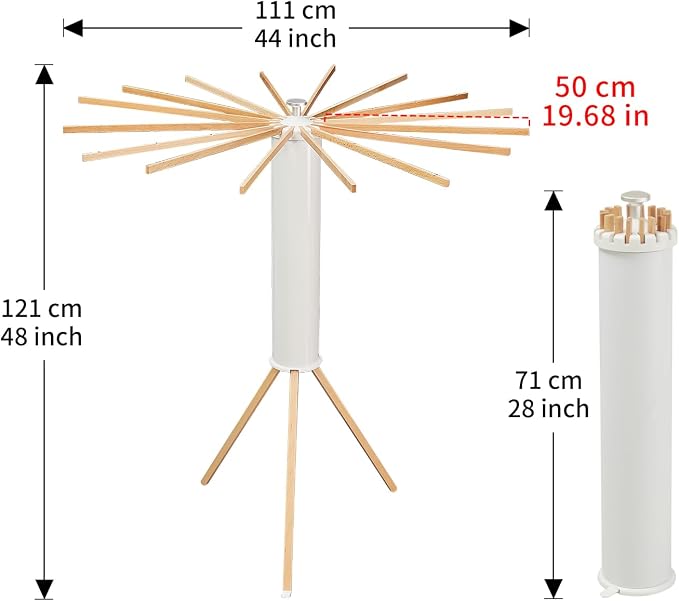 JOOM Clothes Drying Rack, Clothing Stand, Foldable Laundry Drying Rack | Portable clothes rack with wooden rods, plastic cylinder and tripod base for apartments, balconies, RVs, camping and travel.
