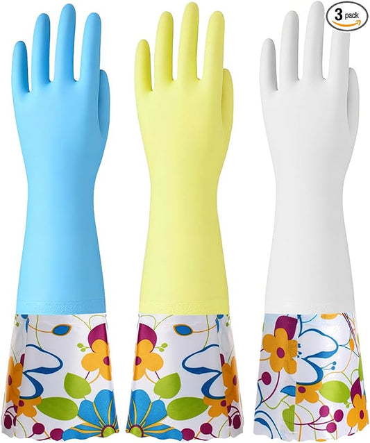 Bamllum 16-Inch Latex-Free Cleaning Gloves, Cotton Flocked Liner, Small | Reusable Dishwashing Gloves with Long Cuffs and a Non-Slip Grip, in Pink and Yellow