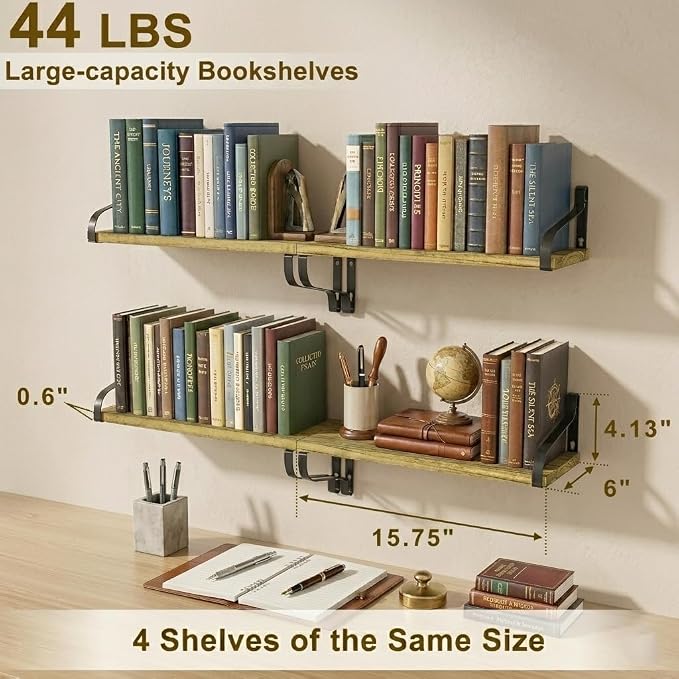 Love-KANKEI 15.7"Floating Wall Shelves Set of 4,Solid Wood,Carbonized Black | 3 Installation Methods,Easy to Install,44 Lbs/shelf,For Bedroom,Bathroom,Kitchen,Living Room,Office Nursery Display,Decor
