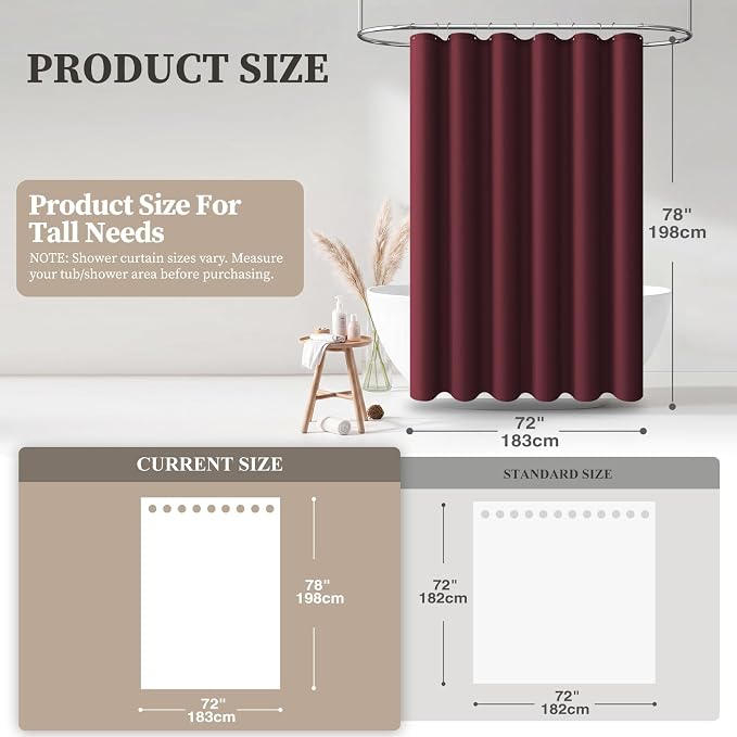 72x78 Linen Textured Waterproof Fabric Shower Curtain Set, Burgundy | Long Size, 230GSM Polyester, Heavy Duty Cloth, Weighted Hem, 12 Plastic Hooks, Modern Luxury Hotel Style, Machine Washable