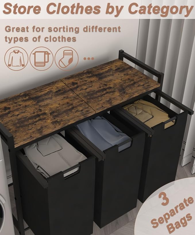 10 x 3 Gal Large Laundry Hamper, Rustic Brown and Black | Freestanding Clothes Basket Organizer with 3 Pull-Out & Removable Sorter Bags for Clothing or Toys in Bathroom & Living Room