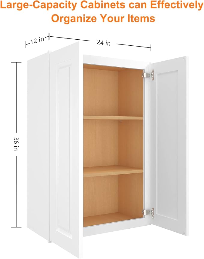 ROOMTEC Wood Wall-Mounted Cabinet,Bathroom Medicine Cabinet with Adjustable Shelves and 2 Soft-Close Doors,Laundry Storage Cabinet for Bathroom,Kitchen,Living Room 12" D*24" W*36" H,Traditional White